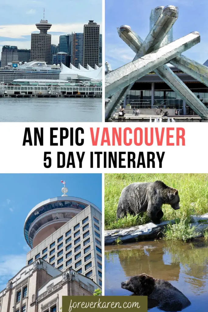 Images of Vancouver, Canada: Canada Place in downtown, the Olympic Cauldron, Vancouver Lookout and grizzly bear at Grouse Mountain 