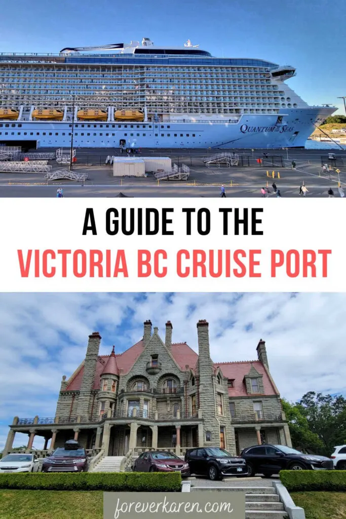 A cruise ship docked in Victoria cruise port and the Craigdarroch castle