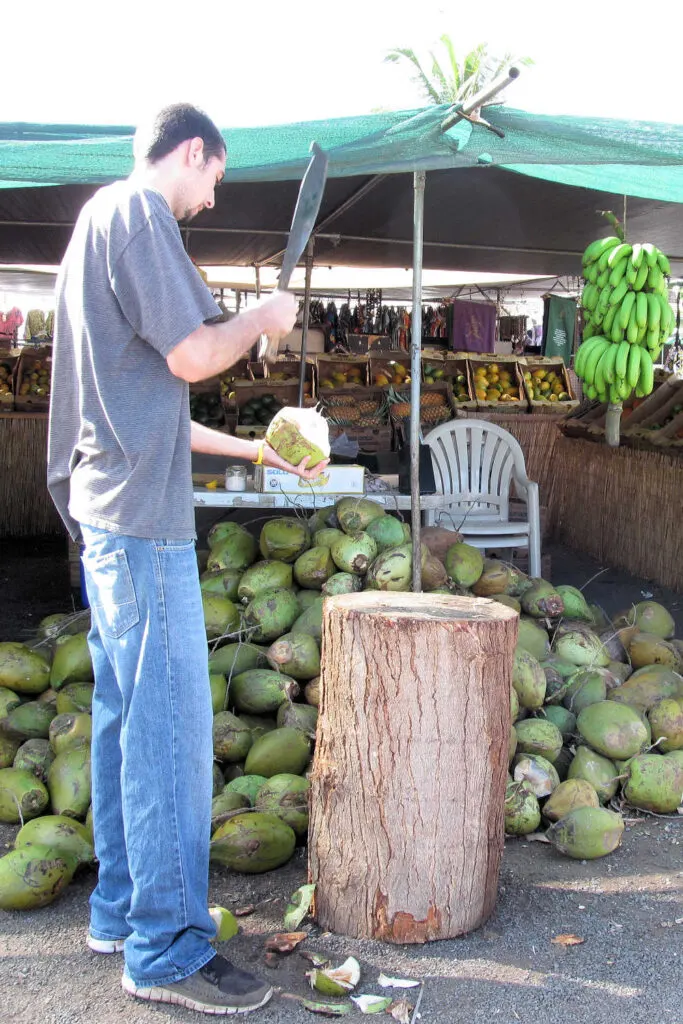 Getting a fresh coconut from a fruit stand in Maui