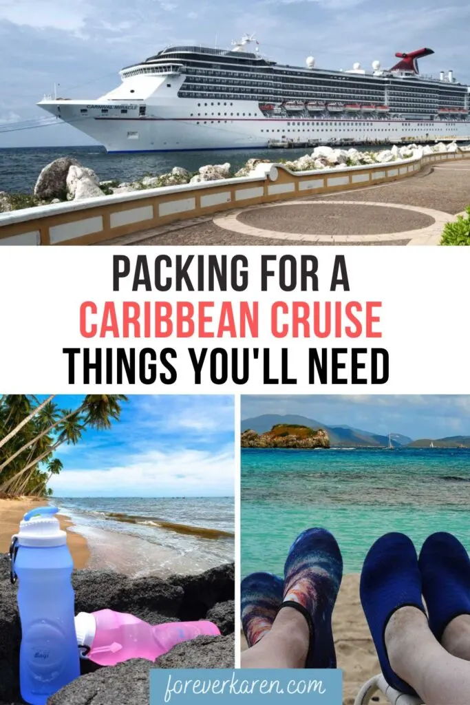 Carnival Cruise ship in the Caribbean, collapsible water bottles, and water shoes