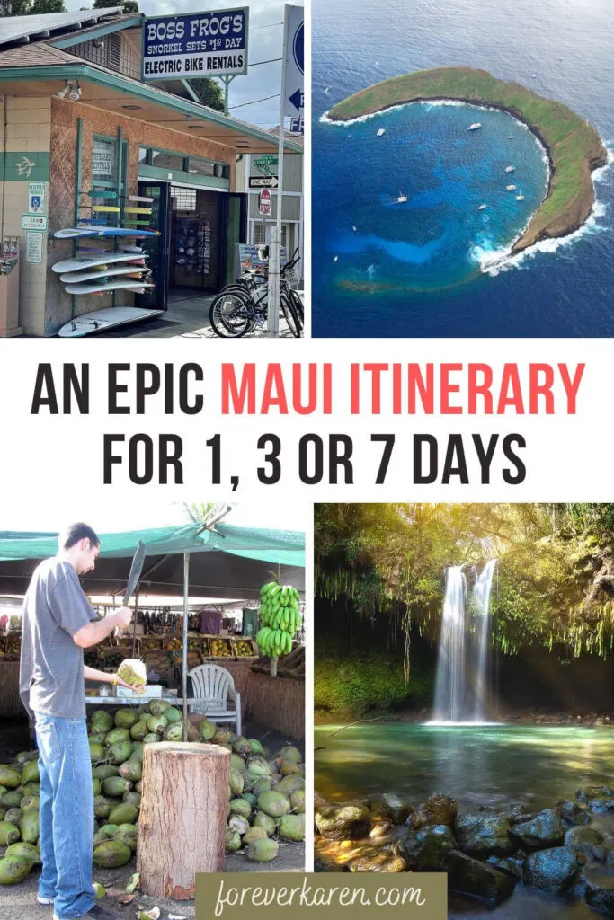 Boss Frogs storefront, Molokini Crater, a fruit stand and a waterfall, all in Maui