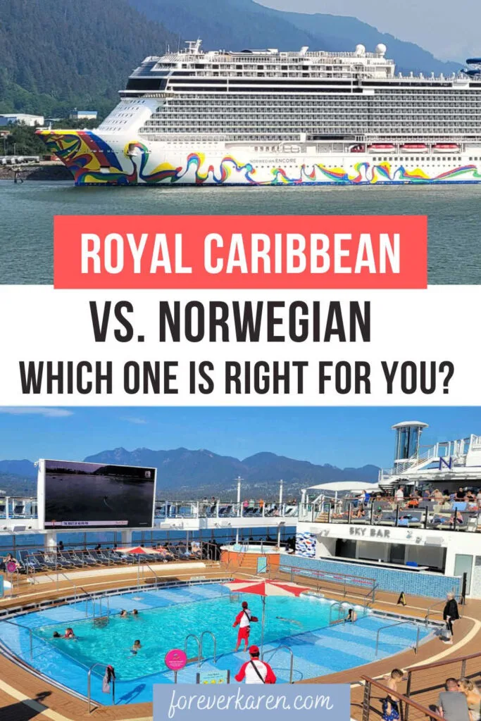 An infographic showing a Norwegian cruise ship and the pool deck of a Royal Caribbean ship