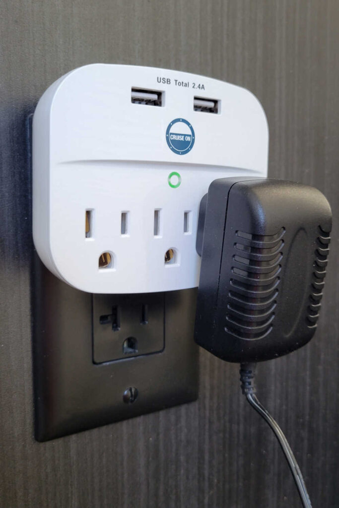 Non-surge power strip plugged in: this is is approved by cruise lines