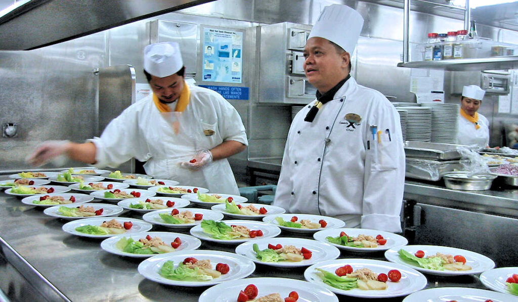 Preparing lunch in a cruise ship galley