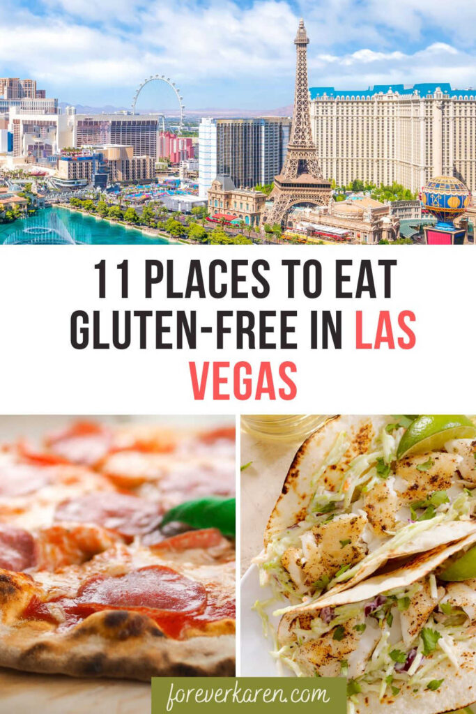 View of Las Vegas, a gluten-free pizza, and a fish taco