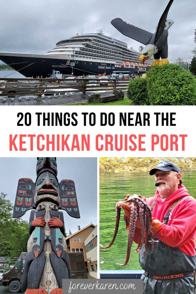 A Holland America cruise ship docked in Ketchikan port, a totem pole and a fisherman holding a giant octopus
