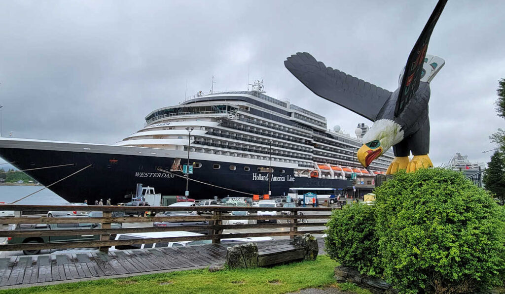 Thundering Wings Sculpture and the Holland America Westerdam ship in Ketchikan