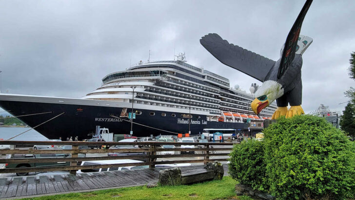 Thundering Wings Sculpture and the Holland America Westerdam ship in Ketchikan