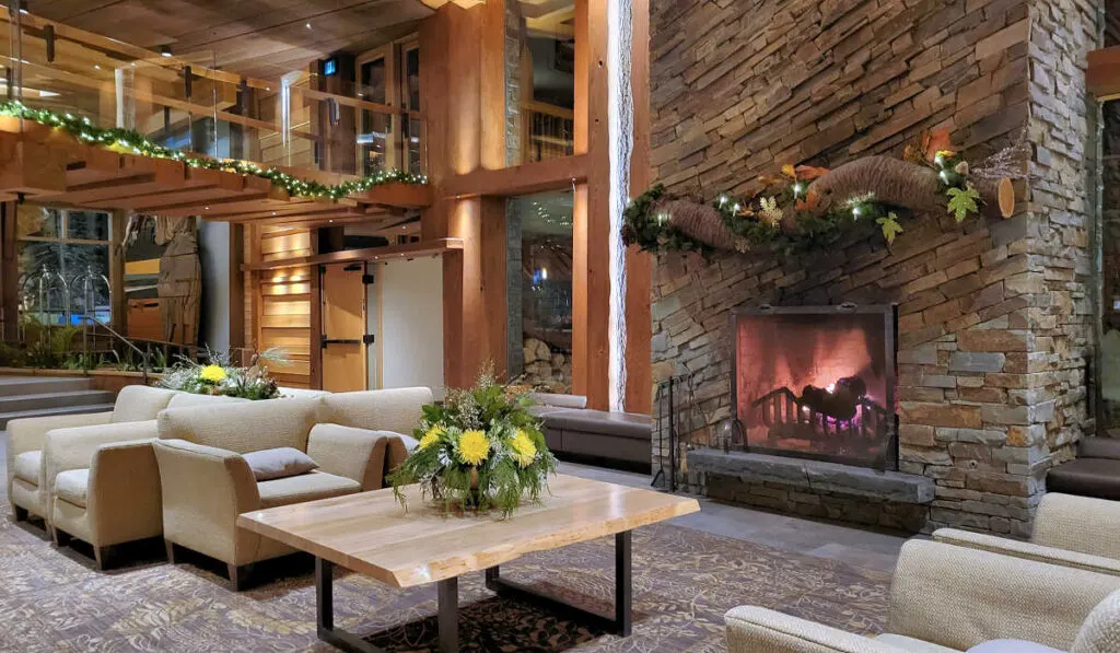 Moose Hotel lobby fireplace