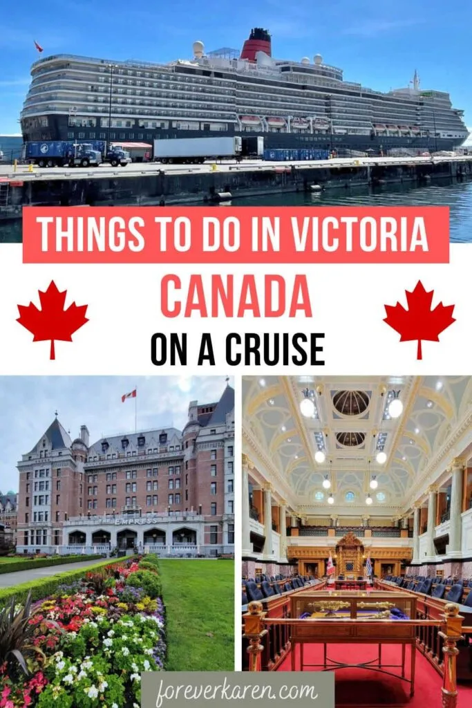 A cruise ship docked in Victoria cruise port, the Empress Hotel and the BC Legislature in Victoria, Canada