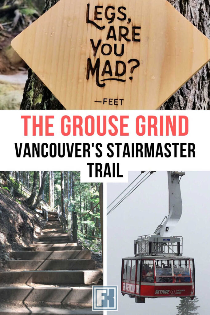 A staircase and sign on Vancouver's Grouse Grind Trail, and the gondola to get down 