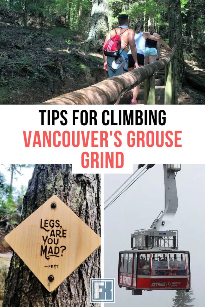 The Grouse Mountain gondola, people and a sign on the Grouse Grind