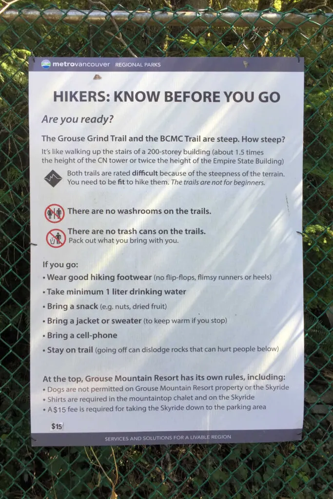 Tips for hiking signage on the Grouse Grind Trail