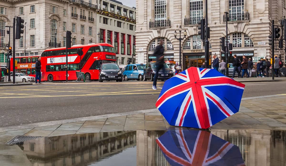 Union Jack umbrella reflecting in a puddle in London