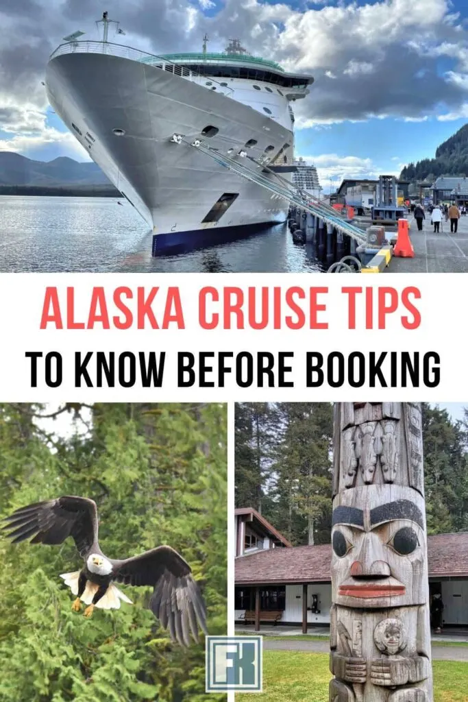 A cruise ship docked in Alaska, a bald eagle and totem pole