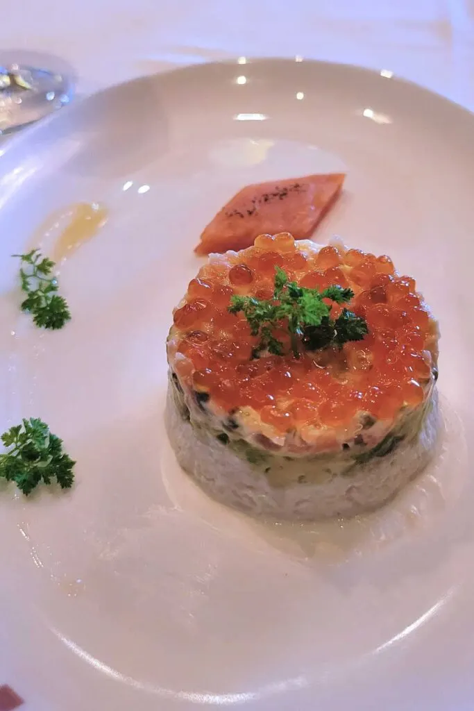 Smoked salmon and peekytoe crab parfait appetizer at the Murano Restaurant