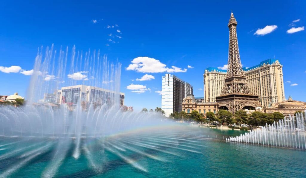 The Bellagio fountains and Paris Las Vegas hotel