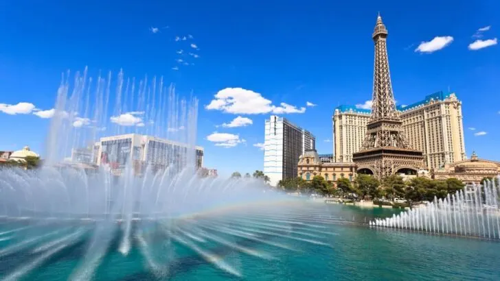 The Bellagio fountains and Paris Las Vegas hotel