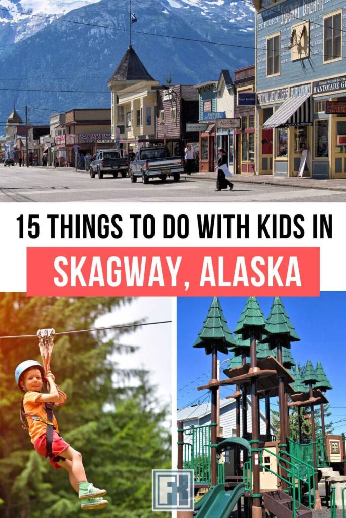 Downtown Skagway, a kid on a zip line and Mollie Walsh playground in Alaska