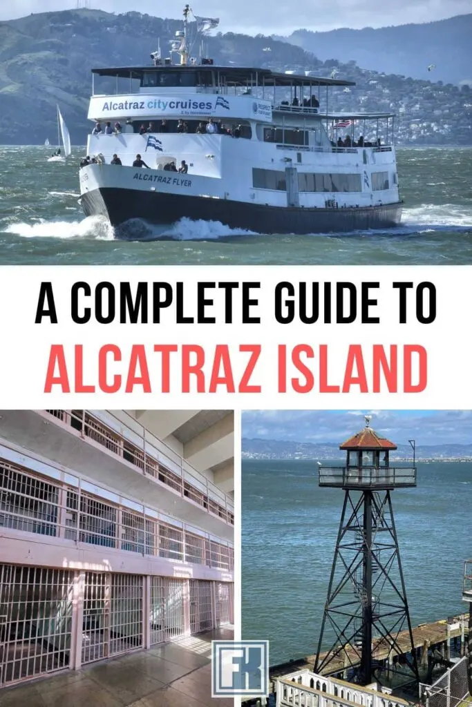 Alcatraz ferry taking people on an Alcatraz tour in San Francisco, prison cells, and guard tower