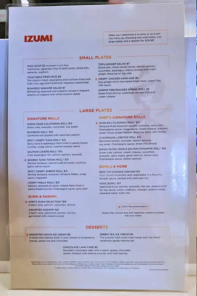 Izumi menu on the Royal Caribbean cruise ships