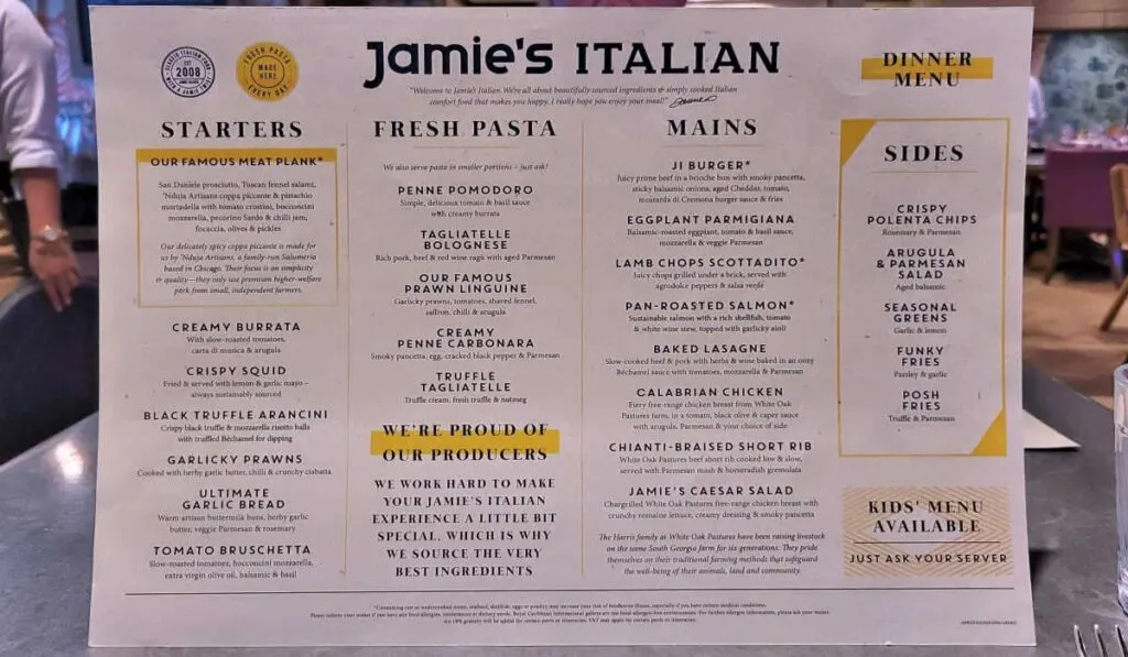 Jamie's Italian menu on the Quantum of the Seas