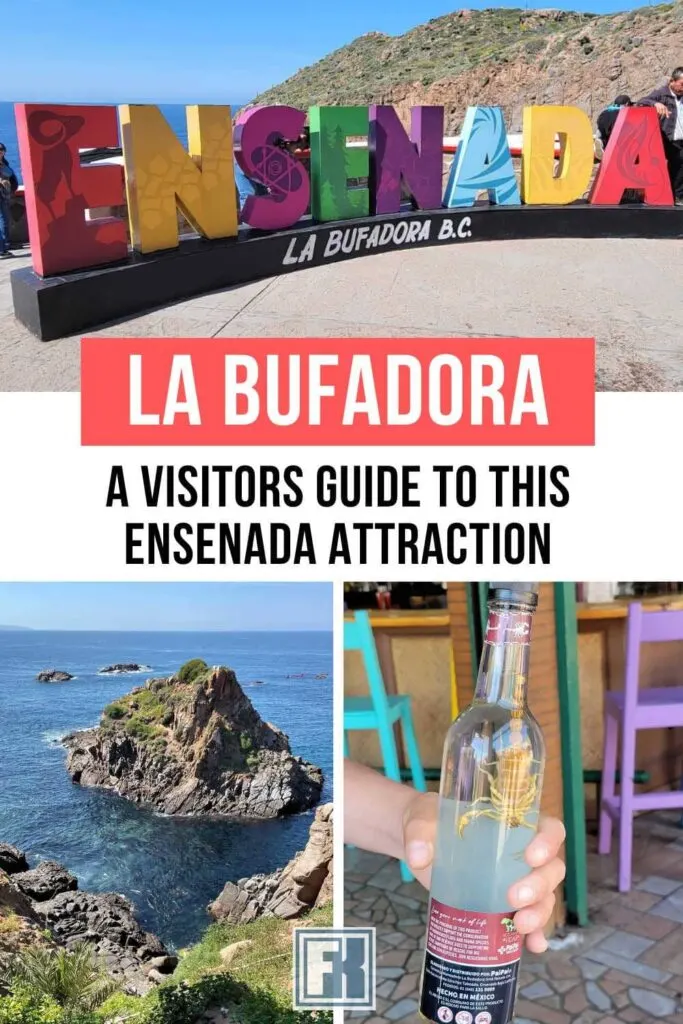 Ensenada sign at La Bufadora, coastline at La Bufadora and a tequila bottle with a scorpion in it