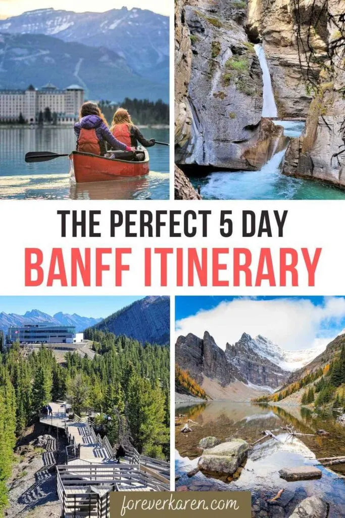 Images of places to include on a Banff itinerary: Canoeing on lake Louise, Johnston Canyon, Sulphur Mountain, and Agnes Lake
