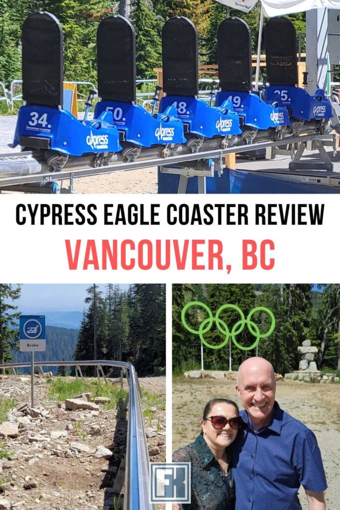 Cypress Eagle Coaster track, cars, and Olympic Rings near the entrance