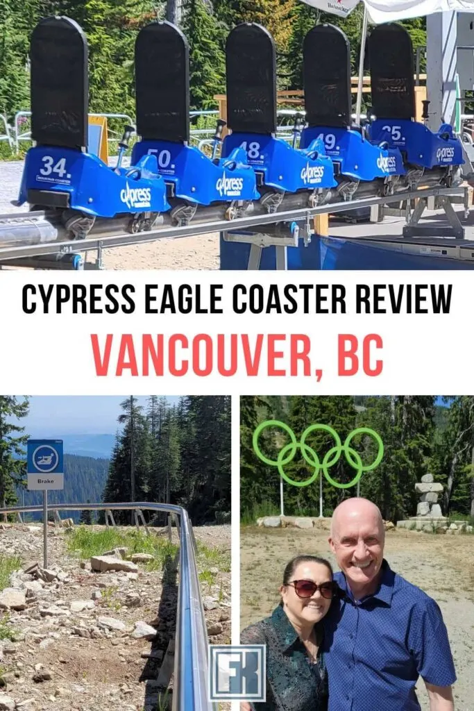 Cypress Eagle Coaster track, cars, and Olympic Rings near the entrance