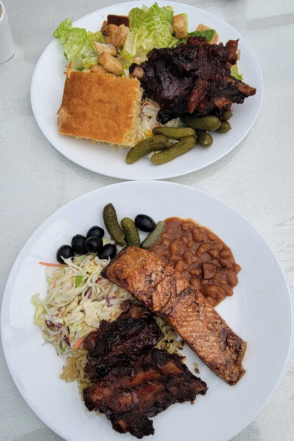 Two plates of Salmon Bake food