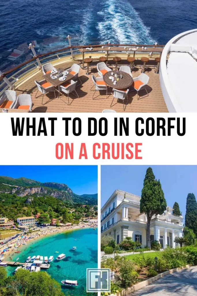 Aft of a cruise ship, a beach and Achilleion Palace near the Corfu cruise port