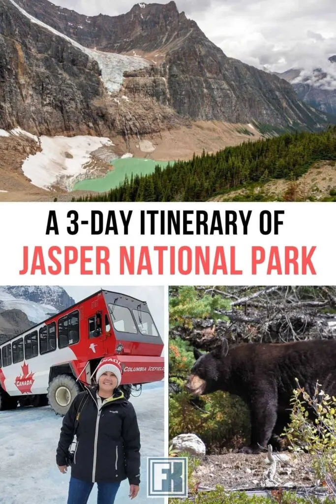 An infographic of 3 days in Jasper National Park with images of Edith Cavell, Columbia Icefield and a black bear