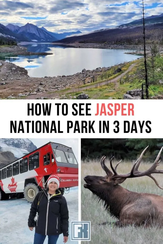 An infographic of a 3 day itinerary in Jasper; with images of Medicine Lake, Columbia Icefield and a bull elk