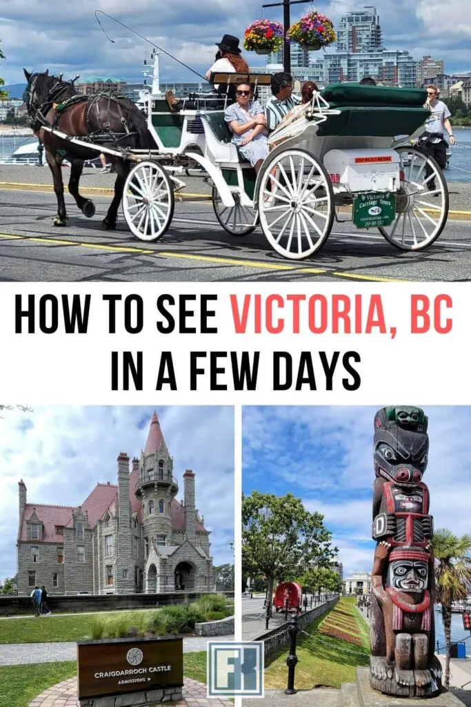 A Victoria long weekend infographic with a horse carriage, totem pole and Craigdarroch Castle