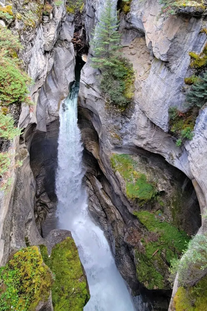Deep gorge and waterfall in Maligne Canyon