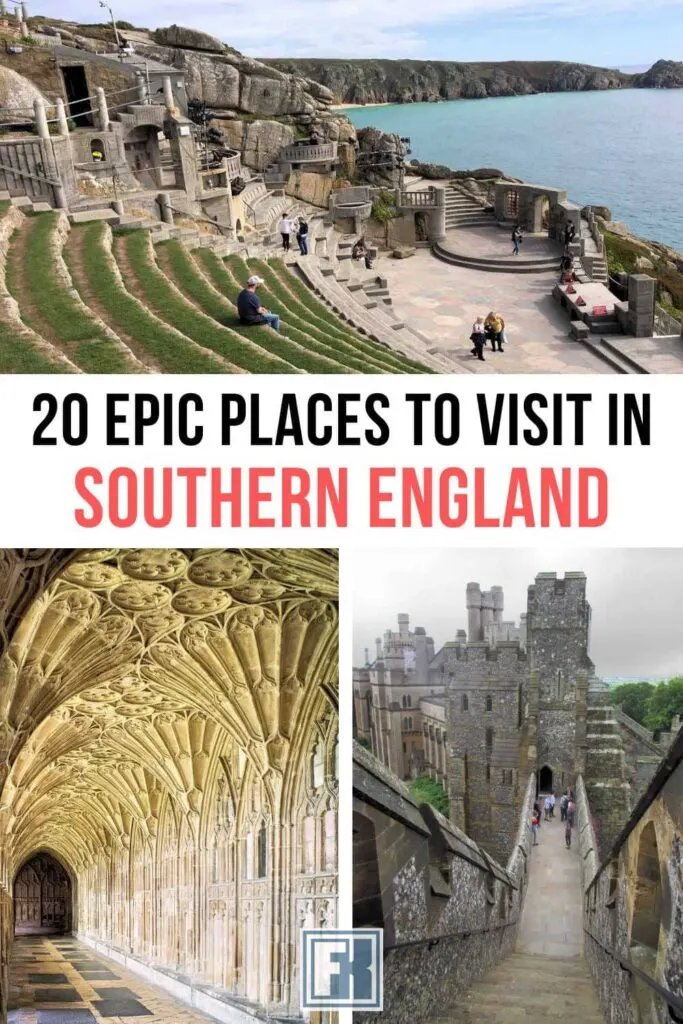Minack Theatre, Gloucester Cathedral cloisters, and Arundel Castle, all in southern England