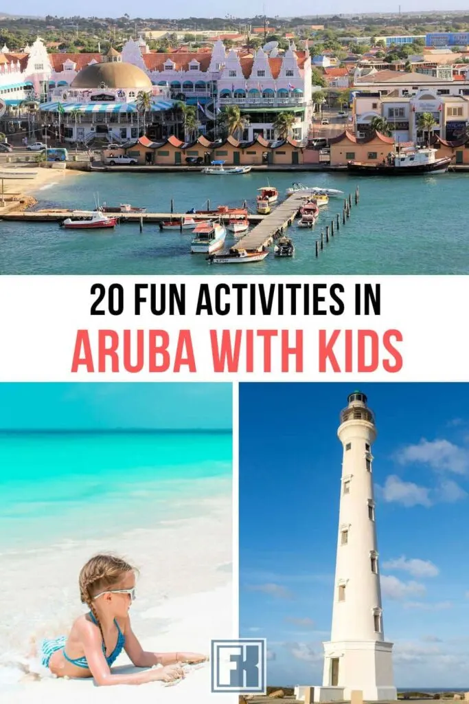 Oranjestad, the California Lighthouse and a kid playing on the beach in Aruba