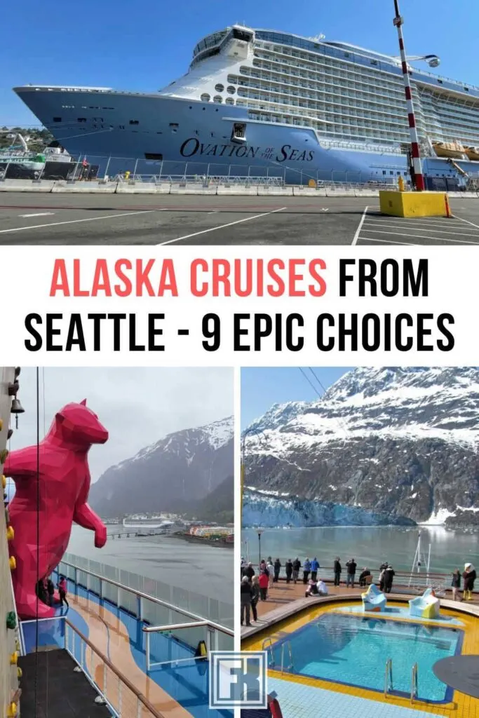 Ovation of the Seas cruise ship docked in Seattle, arriving in Juneau and cruising in Glacier Bay