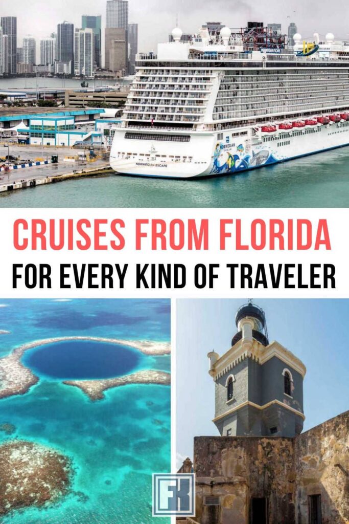 A cruise ship docked in Florida, the Blue Hole in Belize and the lighthouse at a ort in Old San Juan