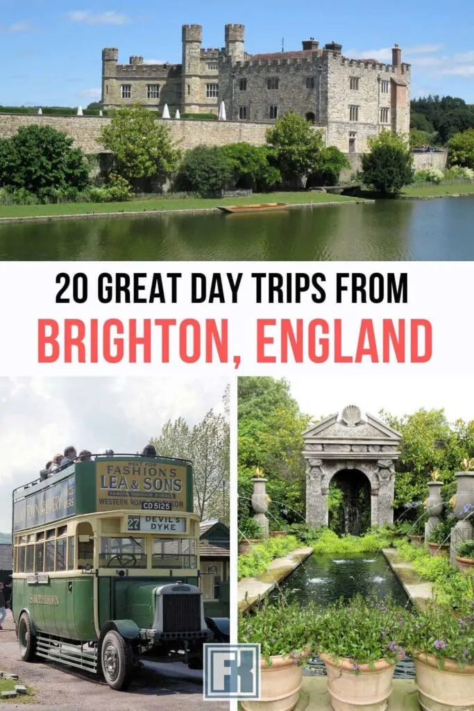Infographic on day trip from Brighton. Includes an image of Leeds Castle, Amberley Museum and gardens at Arundel Castle