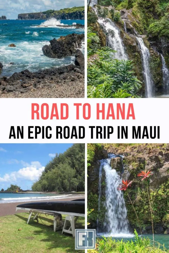 Road to Hana infographic featuring waterfalls, rugged coastline and Hana waterfront