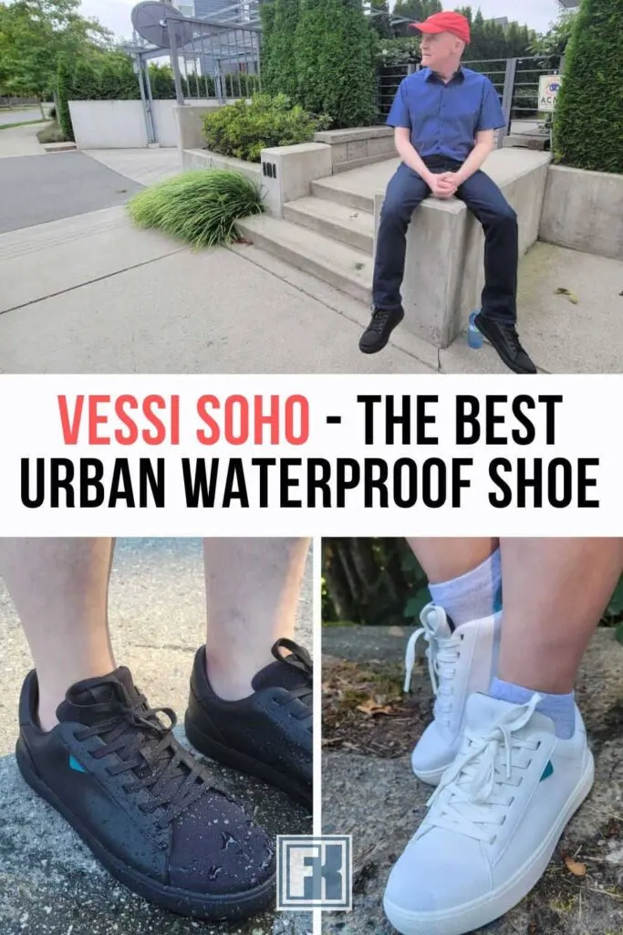 Wearing Vessi Soho in an urban area and showing their waterproof properties