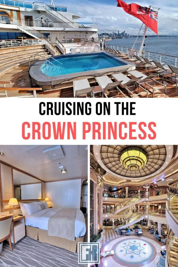 Crown Princess review infographic with the aft pool, balcony cabin and piazza