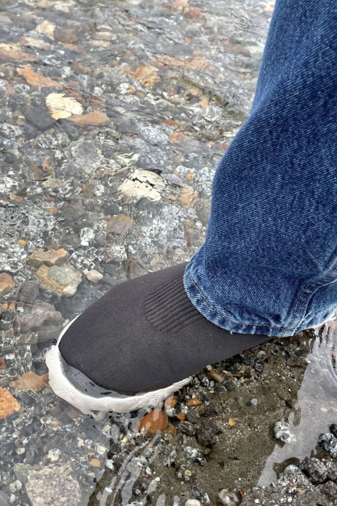 Wearing Vessi footwear in Mendenhall Lake, Juneau