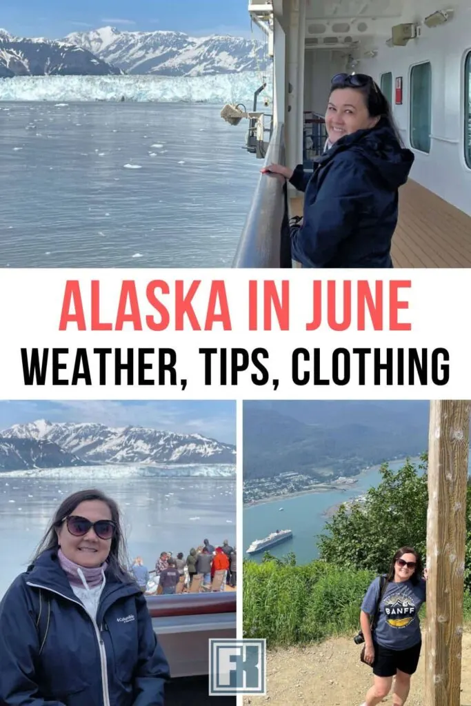 Infographic showing what to wear in Alaska in June at Glaciers, in port and hiking