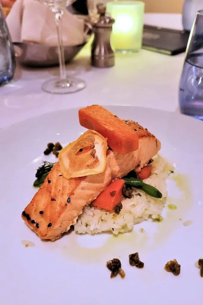 Grilled salmon and rice entree
