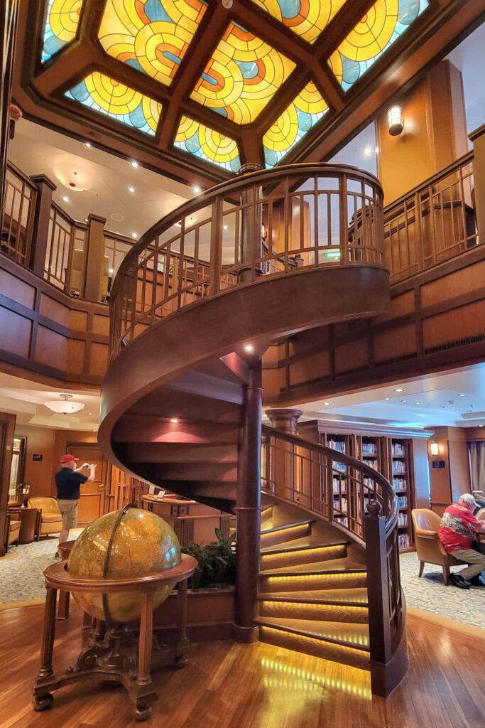 Spiral staircase in Cunard's Queen Elizabeth's library