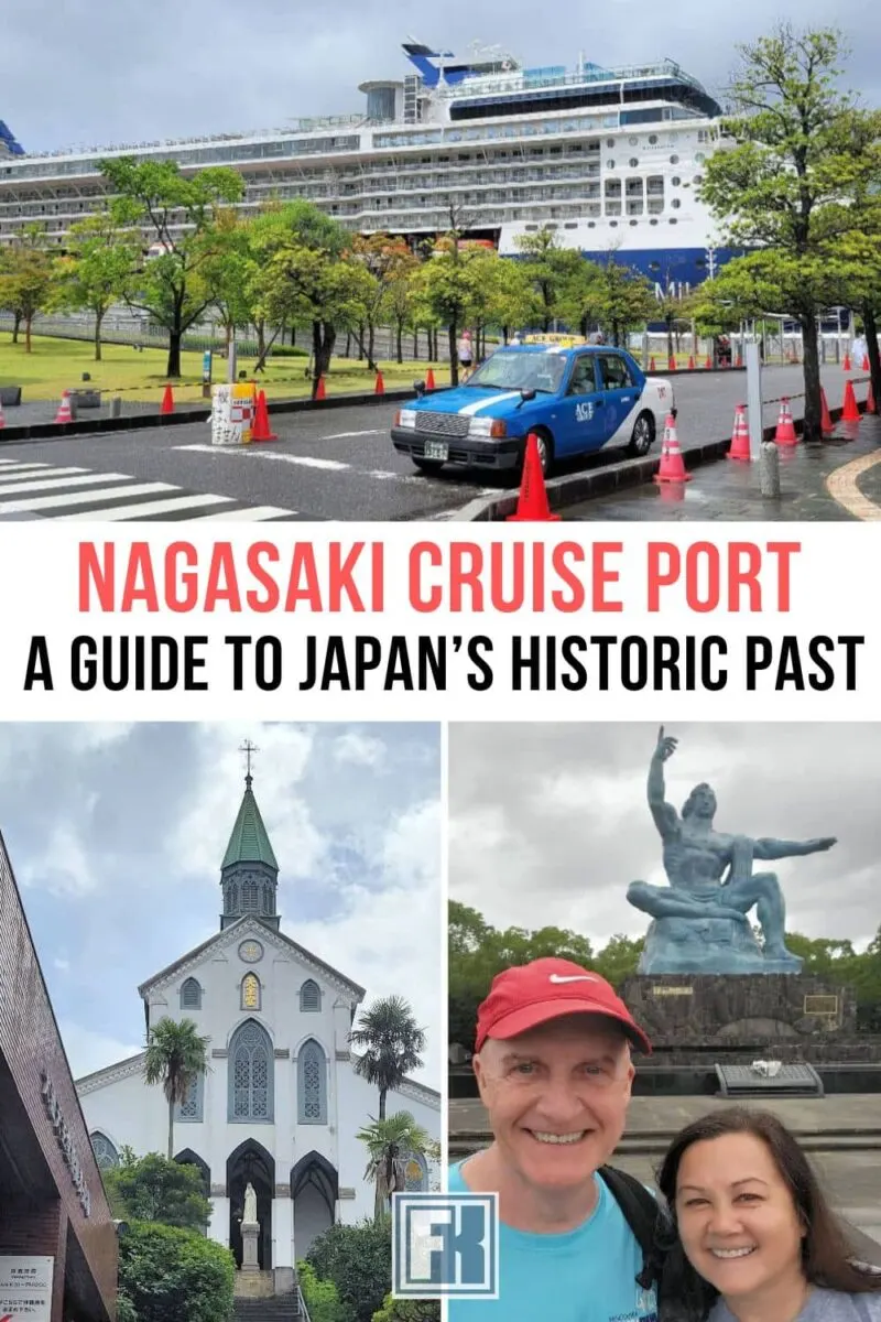A ship docked at the Nagasaki cruise port, Oura Cathedral and the Peace Statue