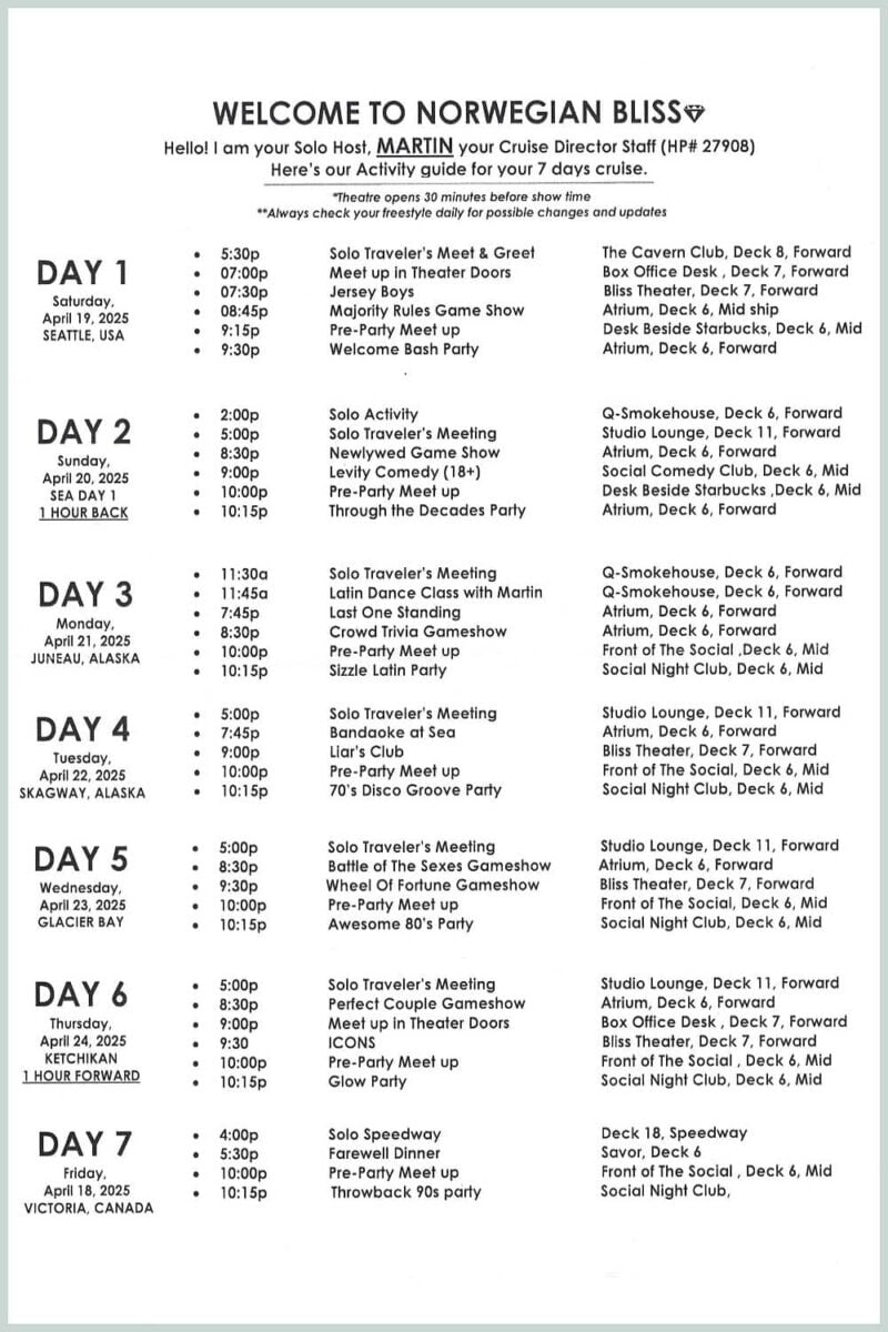 Norwegian Bliss solo events